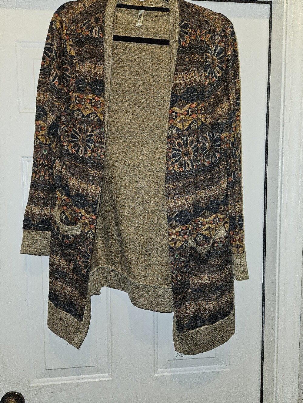 Open-Front Patterned Cardigan Sweater — Tan Multi - Picture 1 of 3